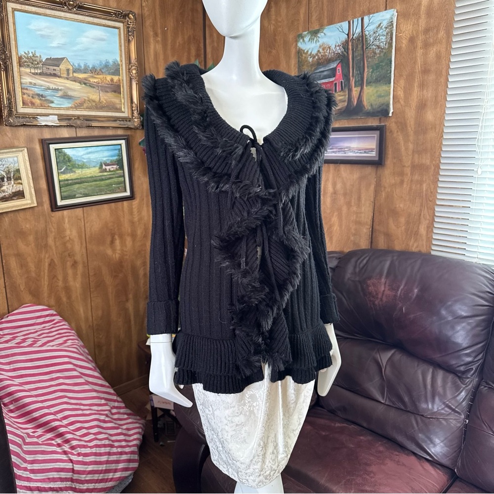 Unique Boho Black Ruffled Cardigan Sweater